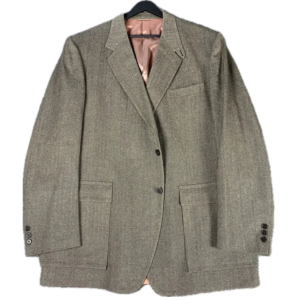 Shipley Mens Blazer 44L Brown Gray Herringbone Vintage‎ 100% Wool Sport Coat